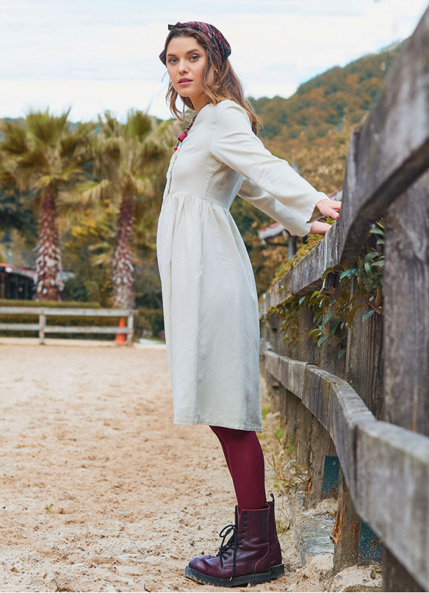 V Neck Button Detailed Zippered Cream Winter Dress 4738