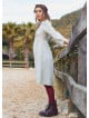 V Neck Button Detailed Zippered Cream Winter Dress 4738