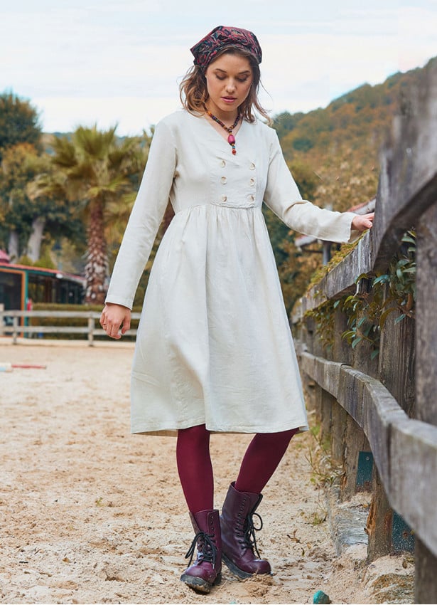 V Neck Button Detailed Zippered Cream Winter Dress 4738