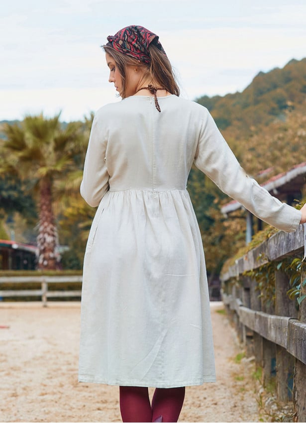 V Neck Button Detailed Zippered Cream Winter Dress 4738