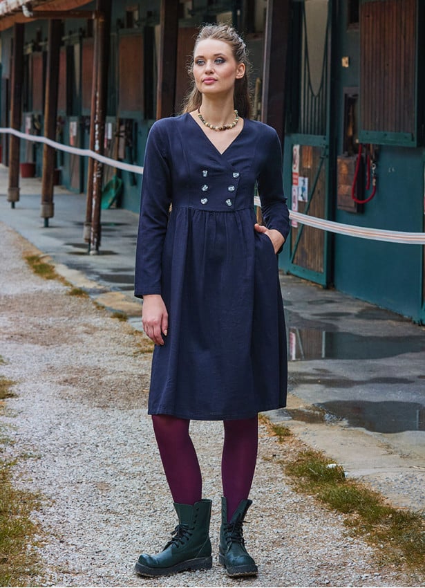 V Neck Button Detailed Zippered Black Long Sleeve Dress 4739