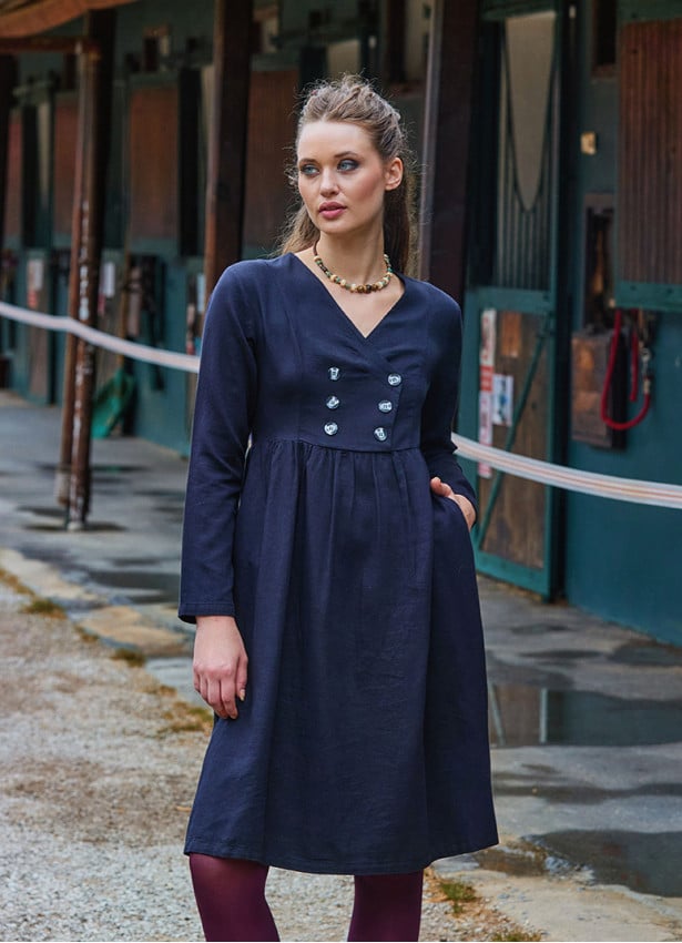 V Neck Button Detailed Zippered Black Long Sleeve Dress 4739