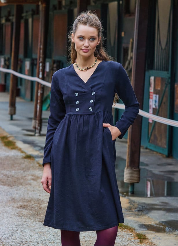 V Neck Button Detailed Zippered Black Long Sleeve Dress 4739