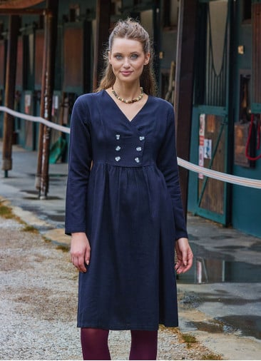 V Neck Button Detailed Zippered Black Long Sleeve Dress 4739
