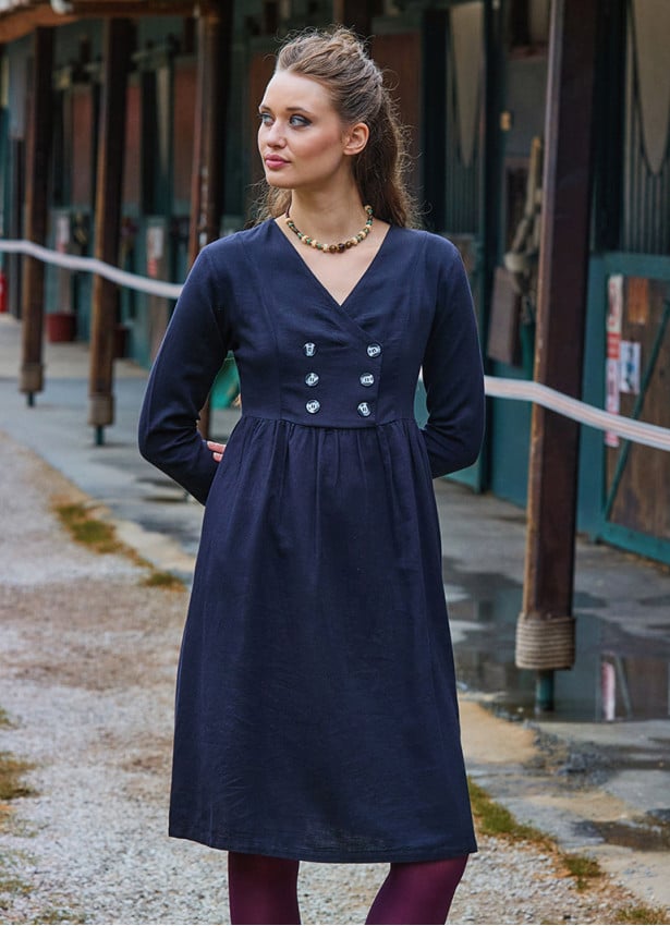V Neck Button Detailed Zippered Black Long Sleeve Dress 4739