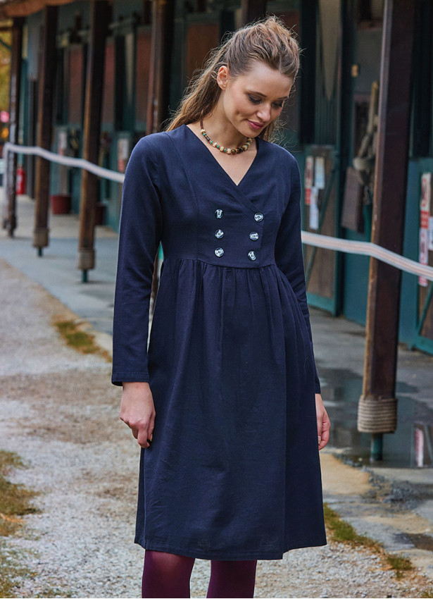 V Neck Button Detailed Zippered Black Long Sleeve Dress 4739