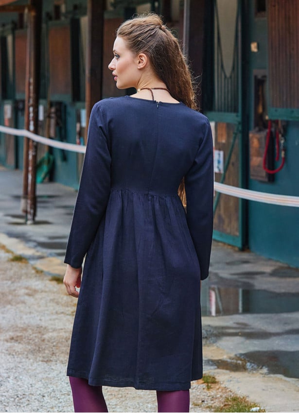 V Neck Button Detailed Zippered Black Long Sleeve Dress 4739