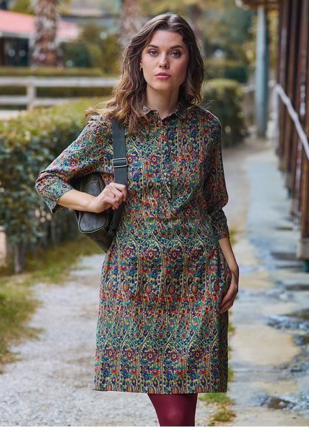 Green Floral Long Sleeve Dress with Shirt Collar and Button Detail 4697