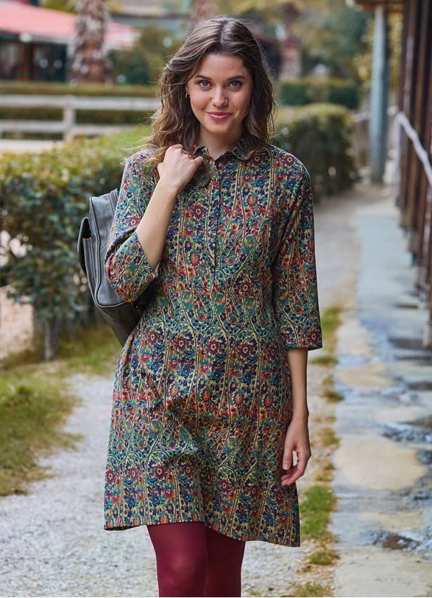 Green Floral Long Sleeve Dress with Shirt Collar and Button Detail 4697
