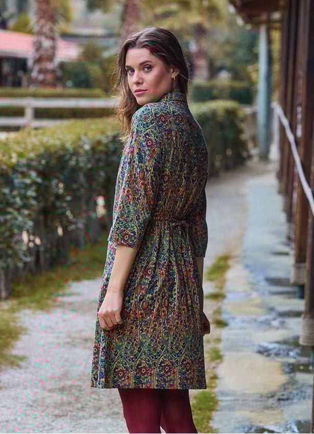 Green Floral Long Sleeve Dress with Shirt Collar and Button Detail 4697
