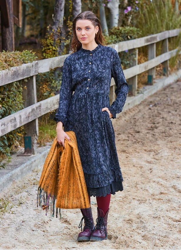 Button Detailed Lace Anthracite Long Sleeve Dress 4735