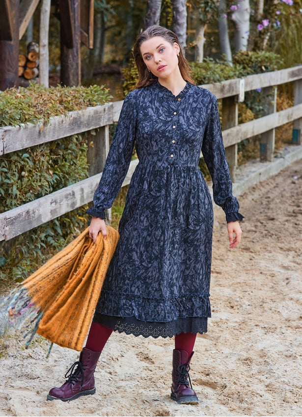 Button Detailed Lace Anthracite Long Sleeve Dress 4735
