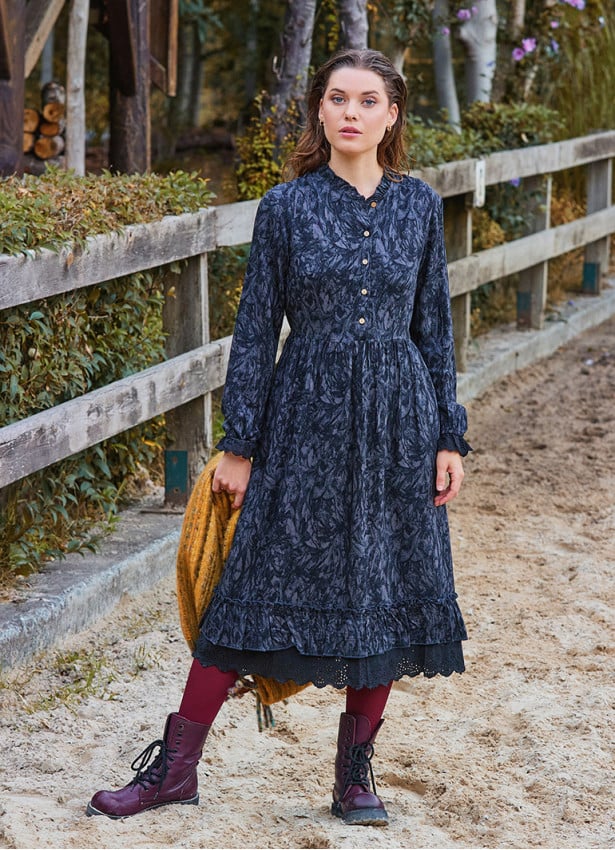 Button Detailed Lace Anthracite Long Sleeve Dress 4735