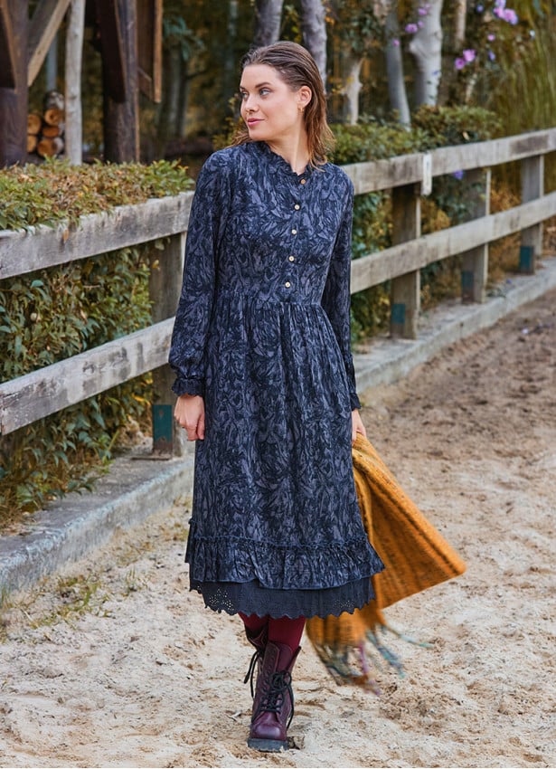 Button Detailed Lace Anthracite Long Sleeve Dress 4735