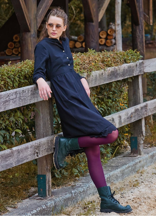 Black Winter Dress with a Judge Collar and Elastic Waist and Lace 4731