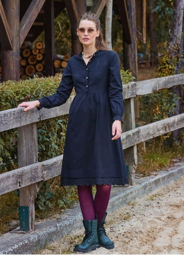 Black Winter Dress with a Judge Collar and Elastic Waist and Lace 4731