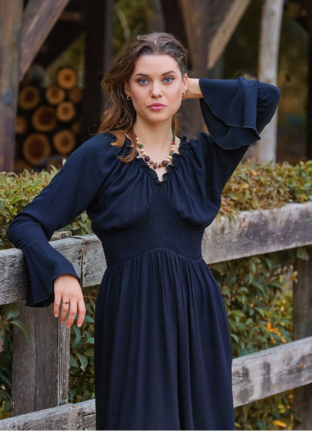 Elastic Collar Spanish Sleeve Black Winter Dress 4719