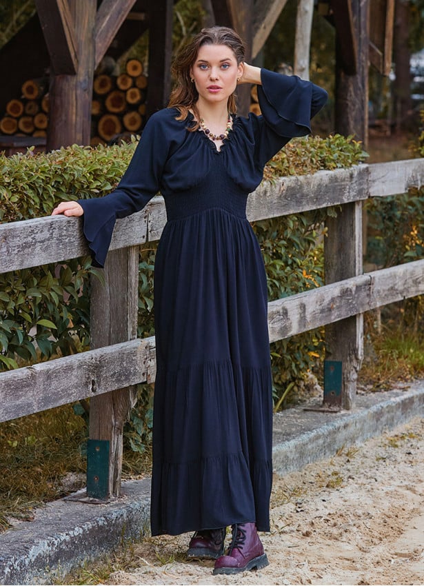 Elastic Collar Spanish Sleeve Black Winter Dress 4719