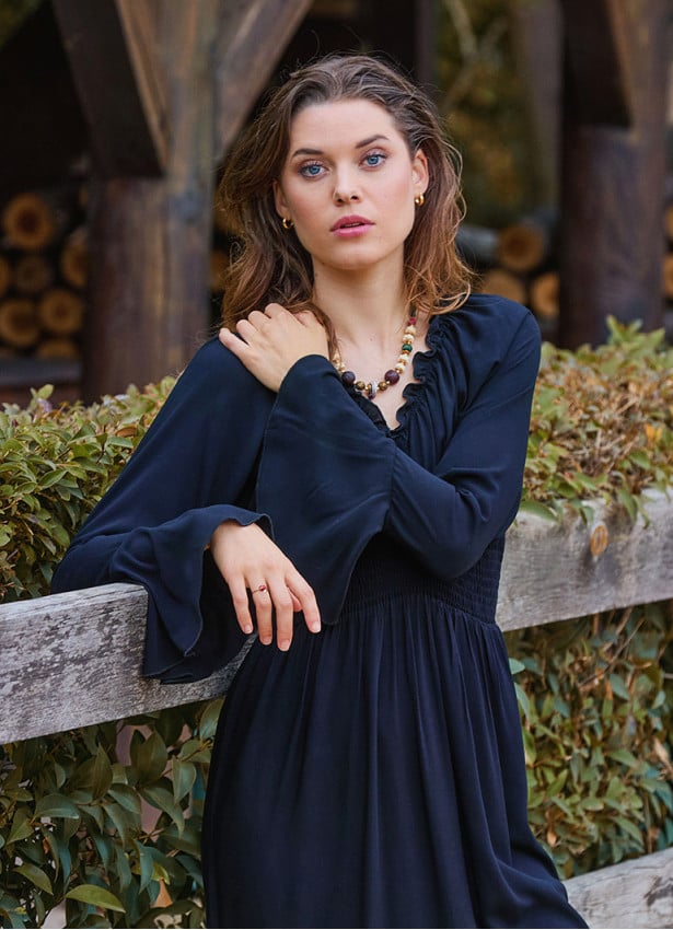 Elastic Collar Spanish Sleeve Black Winter Dress 4719
