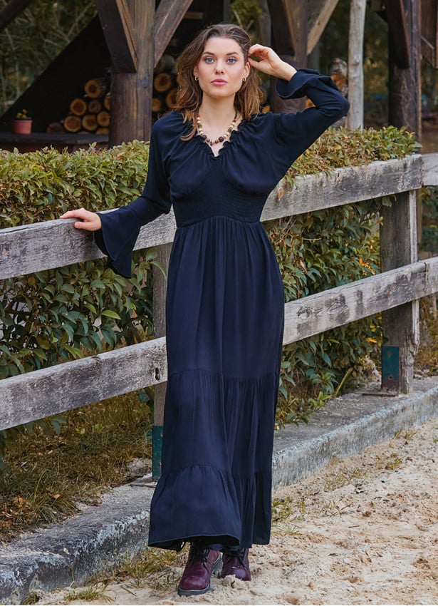 Elastic Collar Spanish Sleeve Black Winter Dress 4719