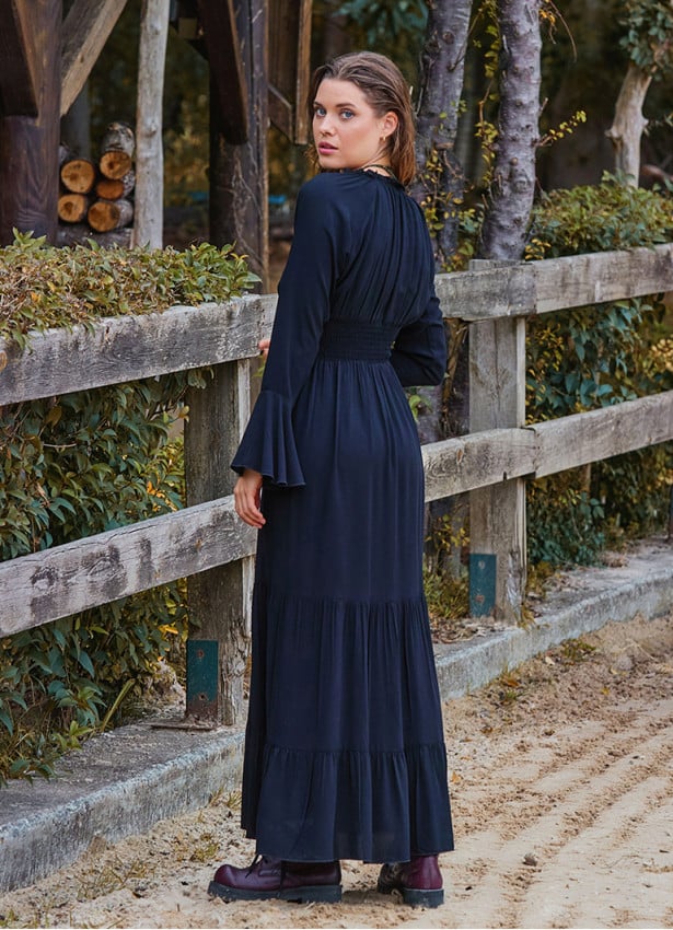 Elastic Collar Spanish Sleeve Black Winter Dress 4719