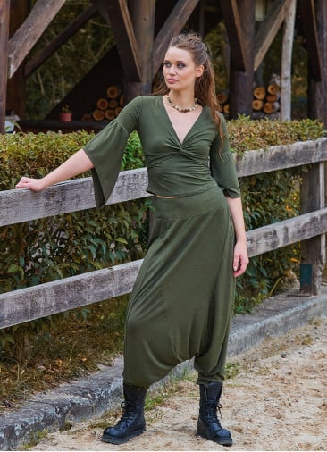 Khaki Womens Bohemian Shalwar with Elastic Leg and Low Crotch 4718
