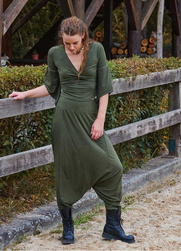 Khaki Womens Bohemian Shalwar with Elastic Leg and Low Crotch 4718