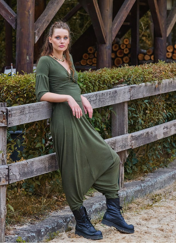 Khaki Womens Bohemian Shalwar with Elastic Leg and Low Crotch 4718