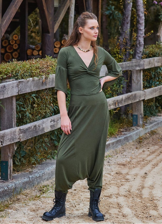 Khaki Womens Bohemian Shalwar with Elastic Leg and Low Crotch 4718
