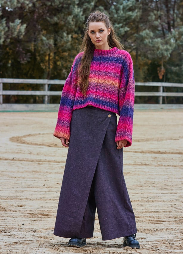 Asymmetric Cut Button Detailed Lilac Wide Leg Trousers with Pockets 4707