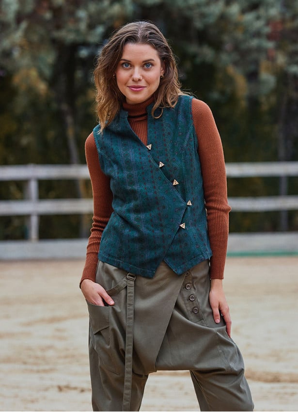 V Neck Cross Buttoned Green Authentic Blouse 4789