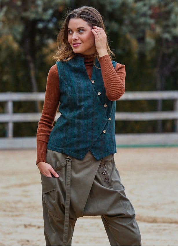 V Neck Cross Buttoned Green Authentic Blouse 4789