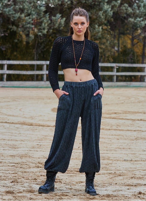 Black Womens Winter Trousers with Elastic Legs and Pockets 4755