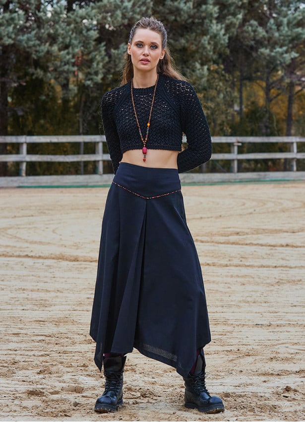 Binding Detail Waistband Asymmetrical Hem Flared Black Midi Skirt