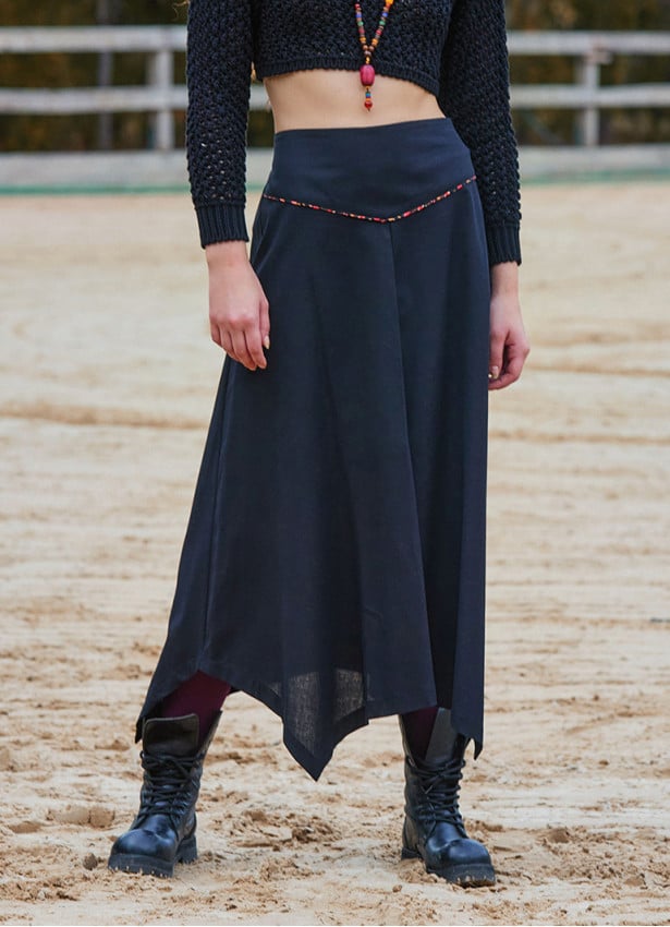 Binding Detail Waistband Asymmetrical Hem Flared Black Midi Skirt