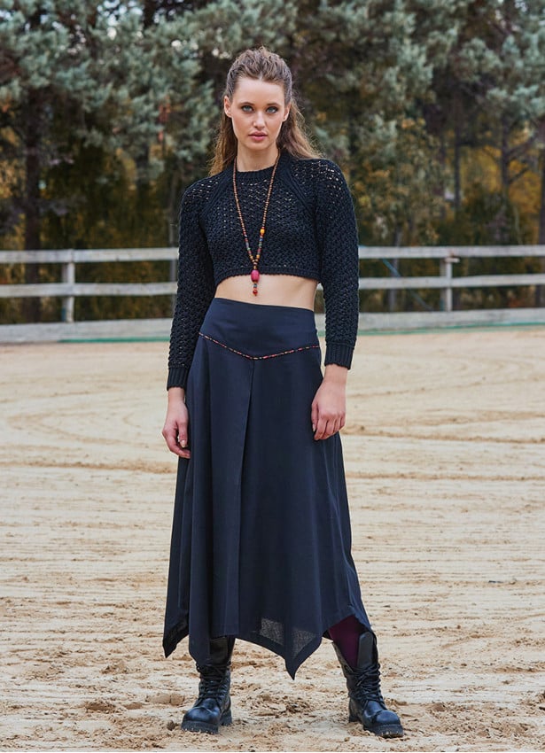 Binding Detail Waistband Asymmetrical Hem Flared Black Midi Skirt