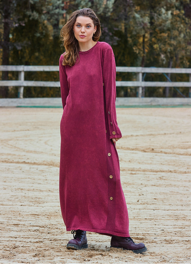 Crew Neck Button Detailed Burgundy Long Sleeve Dress 4760