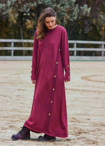 Crew Neck Button Detailed Burgundy Long Sleeve Dress 4760