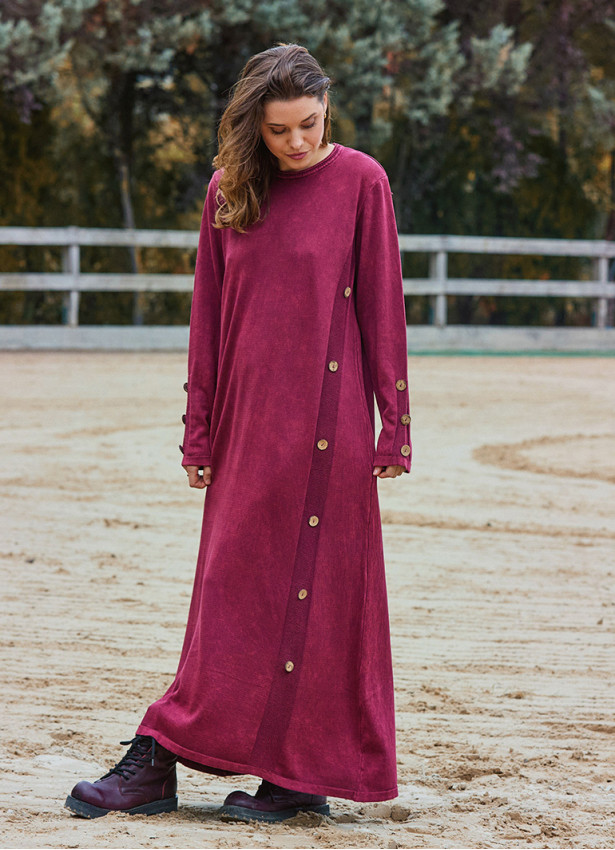 Crew Neck Button Detailed Burgundy Long Sleeve Dress 4760