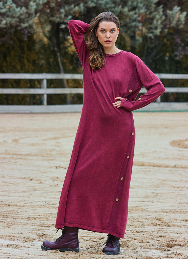 Crew Neck Button Detailed Burgundy Long Sleeve Dress 4760