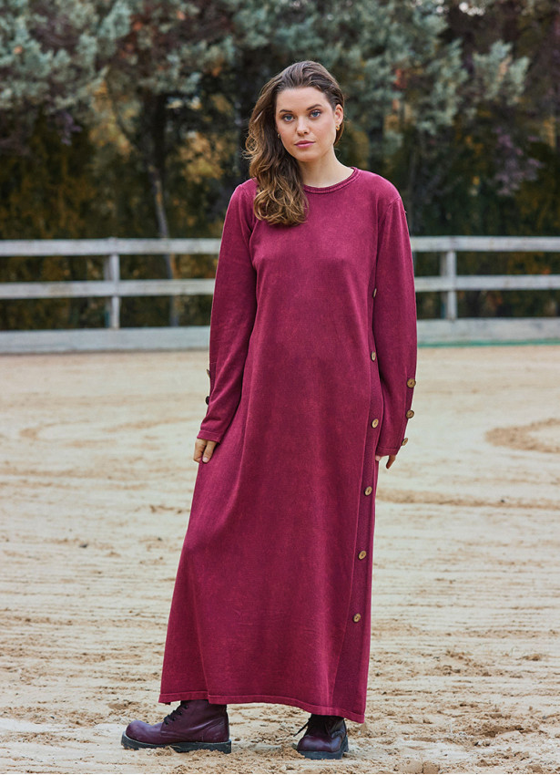 Crew Neck Button Detailed Burgundy Long Sleeve Dress 4760