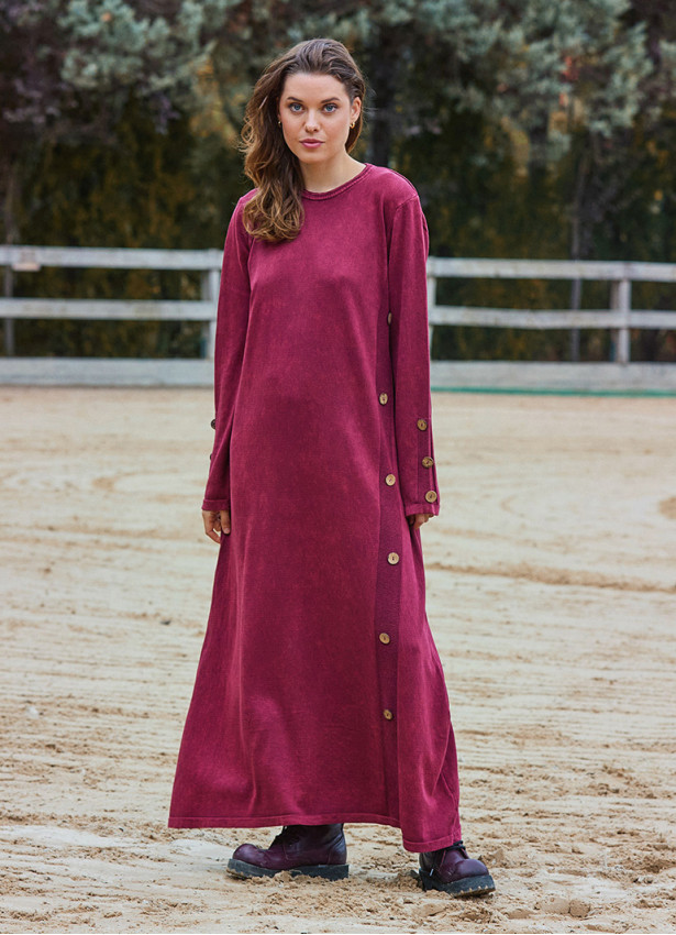 Crew Neck Button Detailed Burgundy Long Sleeve Dress 4760