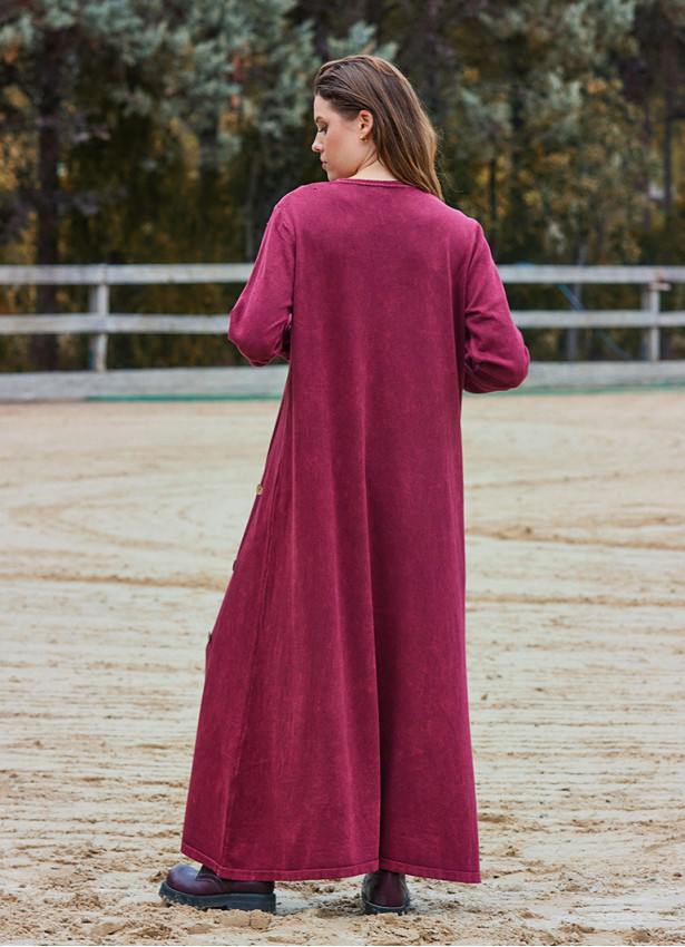 Crew Neck Button Detailed Burgundy Long Sleeve Dress 4760