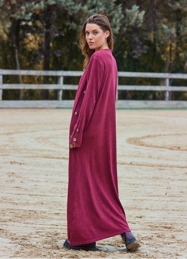 Crew Neck Button Detailed Burgundy Long Sleeve Dress 4760