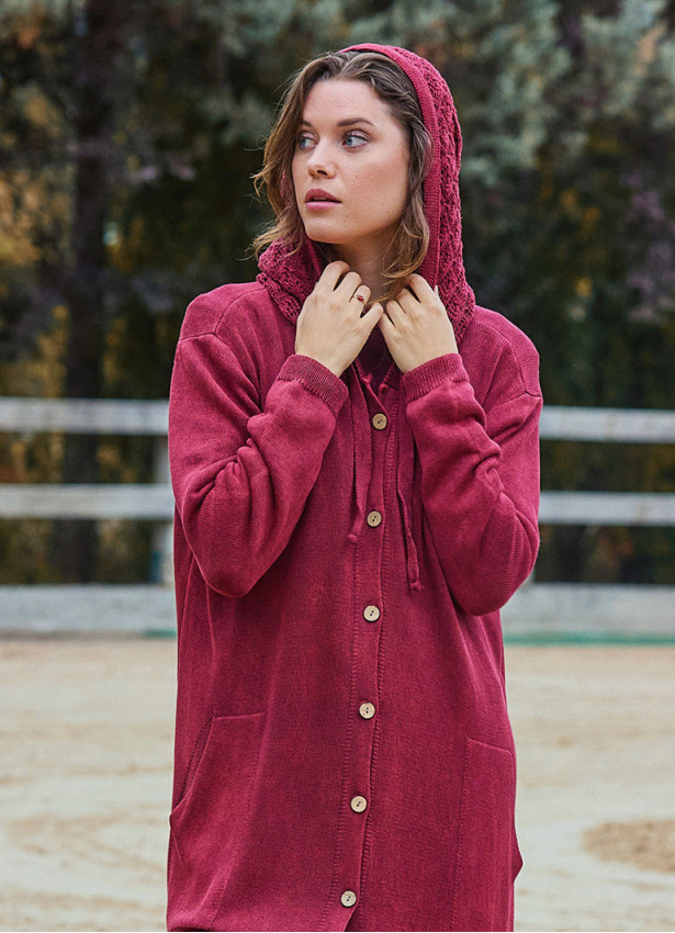 Hooded Button Detailed Burgundy Bohemian Cardigan with Pockets 4757