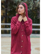 Hooded Button Detailed Burgundy Bohemian Cardigan with Pockets 4757