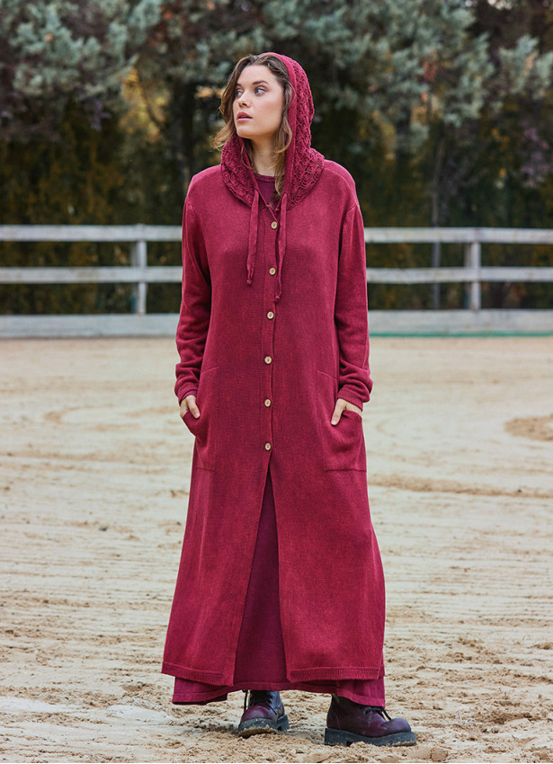 Hooded Button Detailed Burgundy Bohemian Cardigan with Pockets 4757