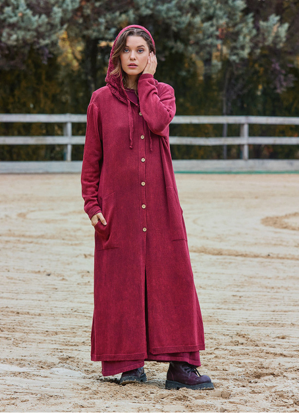 Hooded Button Detailed Burgundy Bohemian Cardigan with Pockets 4757