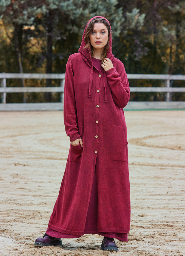 Hooded Button Detailed Burgundy Bohemian Cardigan with Pockets 4757