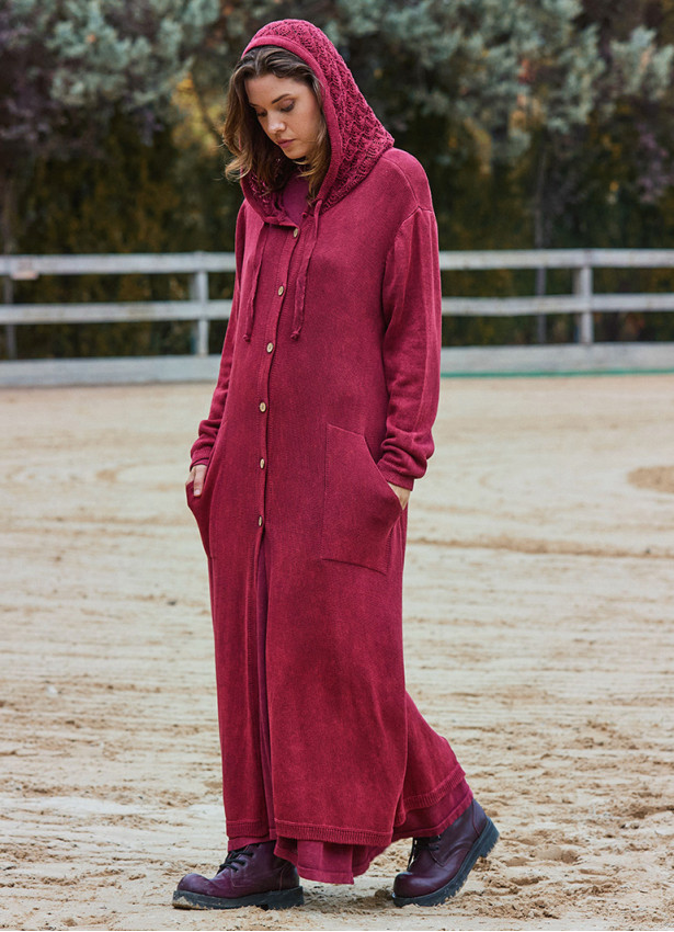 Hooded Button Detailed Burgundy Bohemian Cardigan with Pockets 4757